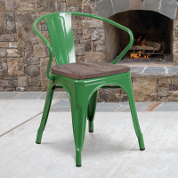 Flash Furniture CH-31270-GN-WD-GG Green Metal Chair with Wood Seat and Arms 